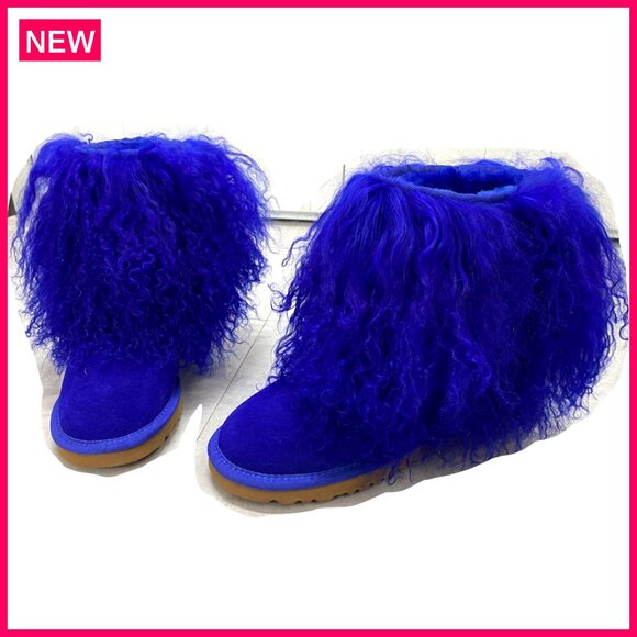 Women's Mid-Calf Real Mongolian Sheep Fur Snow Boots Flat Heel Slip-On